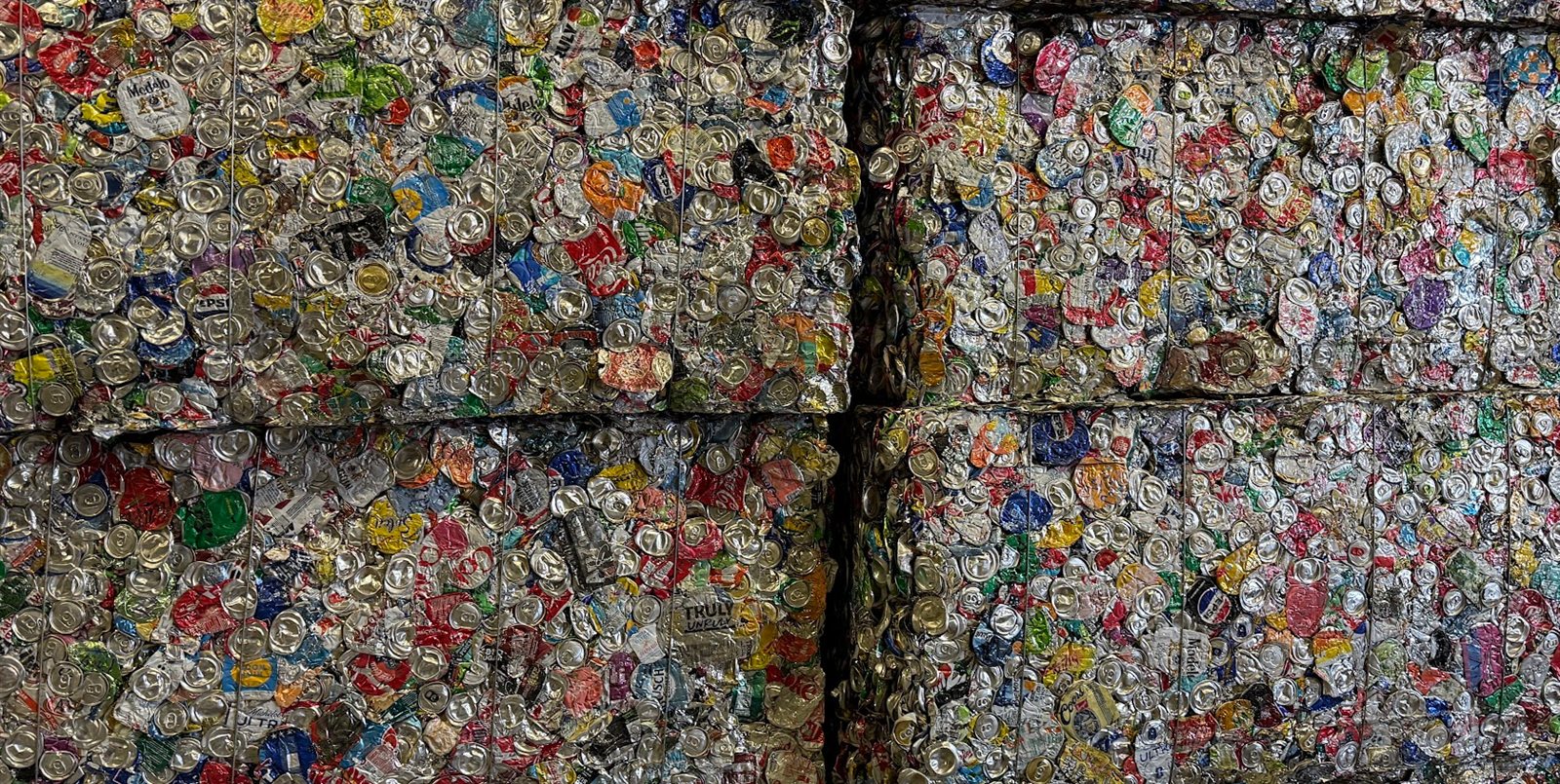Stacked bales of compressed aluminum beverage cans